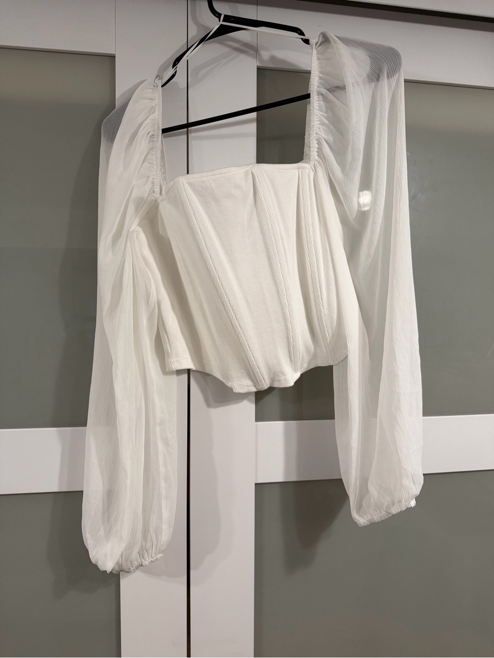 Promesa Sheer Puff Sleeve White Corset Top with Boning
